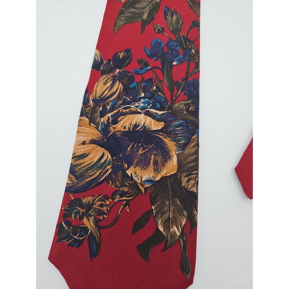 Mallory & Church London Silk Tie Red Floral Blue Gold Vintage Made in England